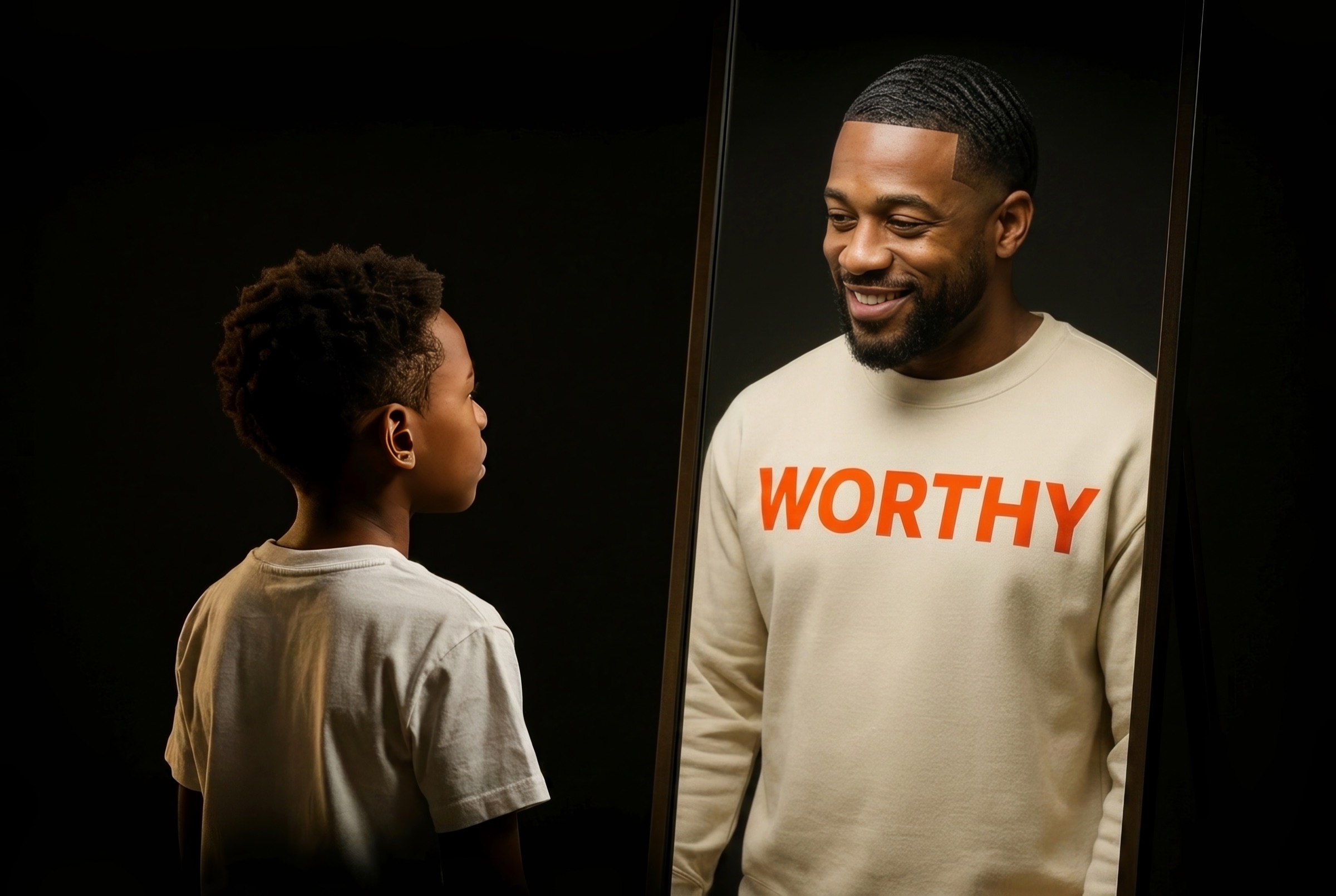 A boy stands before a full-length mirror; the man reflected back wears a cream sweatshirt that reads WORTHY.