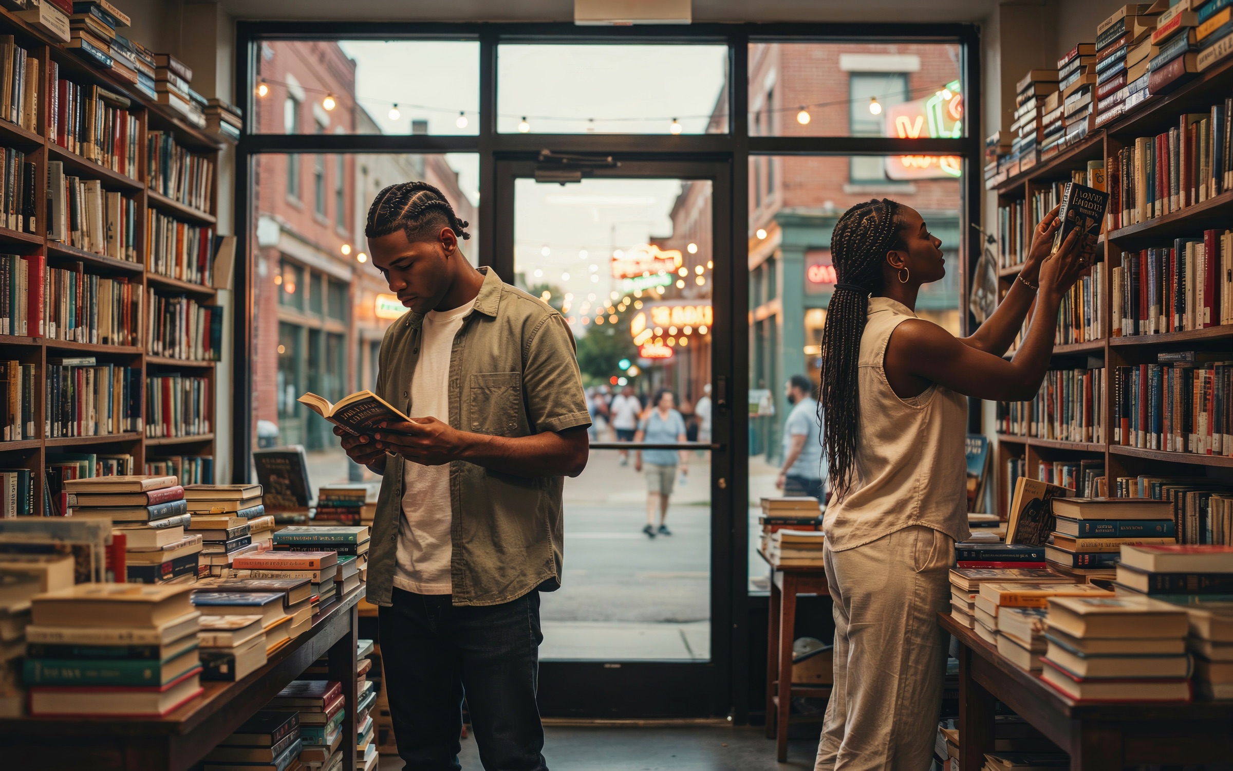 A Black-owned bookstore at dusk; a man and a woman browse the shelves while the street glows through the storefront window.